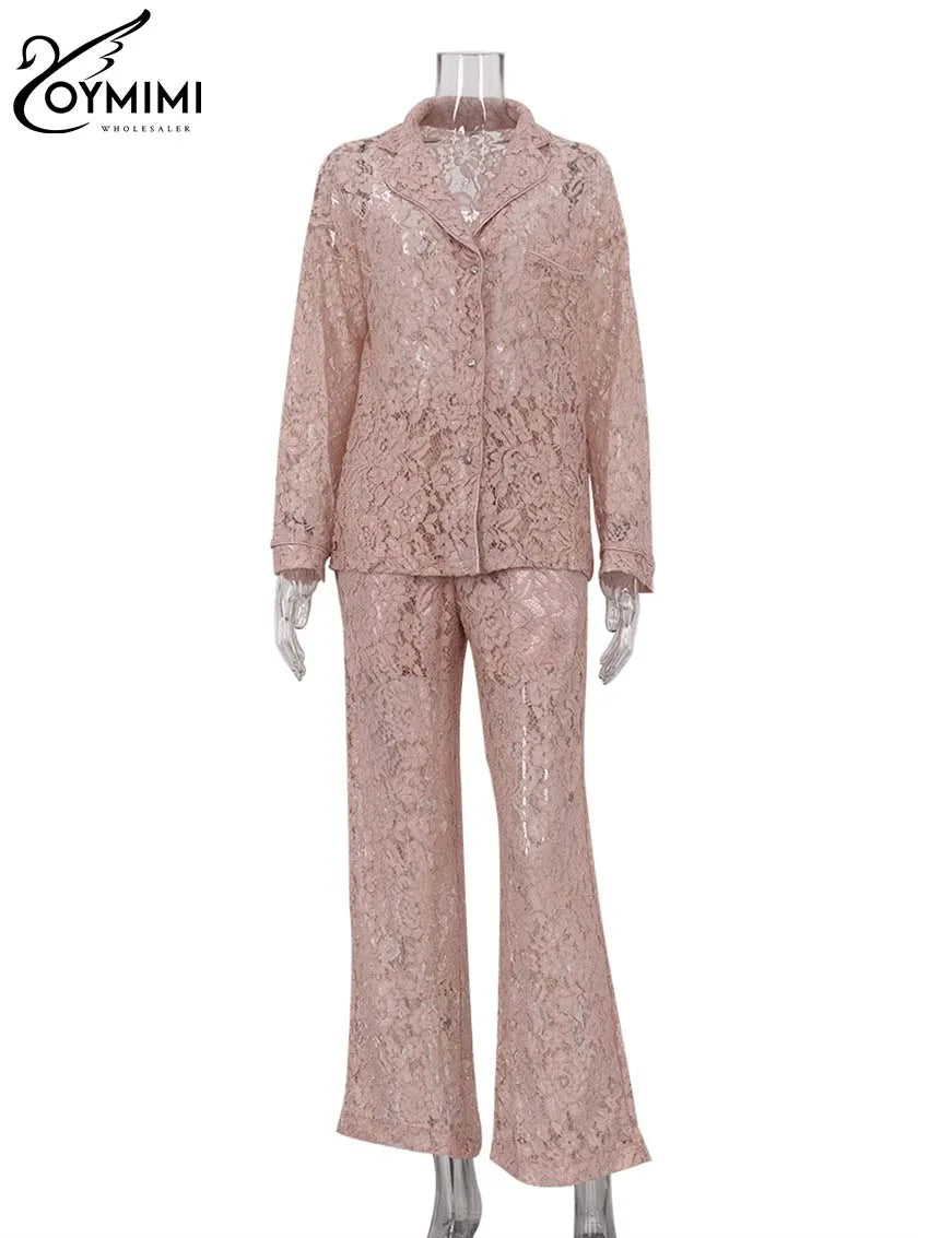 Oymimi Summer Pink Perspective Sets Womens 2 Piece Casual Long Sleeve Button Shirts And High Waist Straight Trousers Female Sets