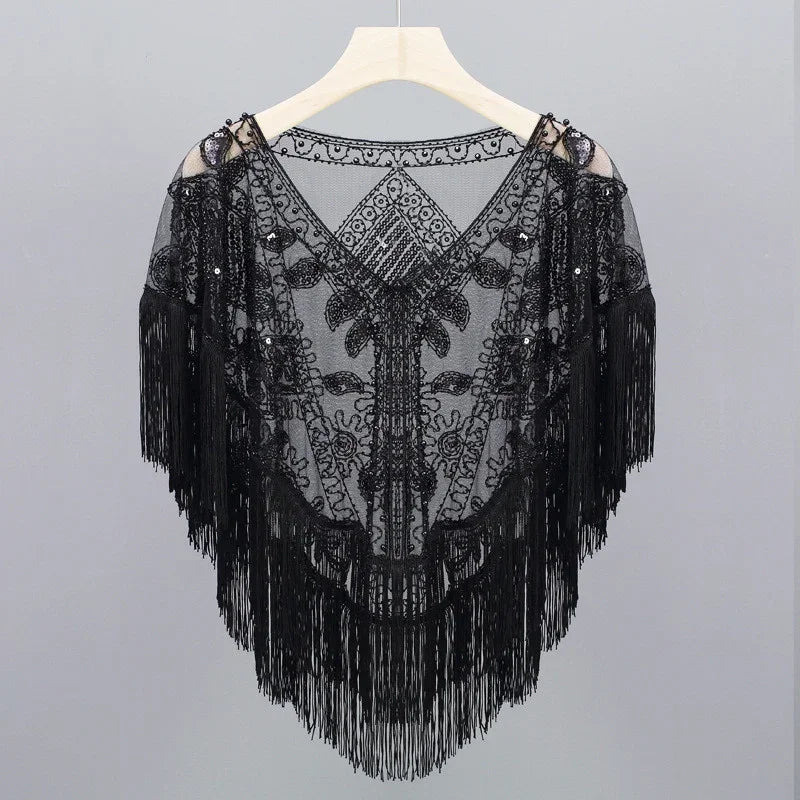 Summer Sequins Tassels Poncho Women Coat Party Outfits Cape Mesh Jacket Ladies Cloak Shawls Casaco Outerwear Wraps Woman Clothes