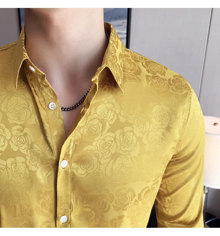 Men's Social Shirt New Rose Printed Long Sleeve Shirt Luxury Fashion Business Slim Fit Formal Shirt Men's Clothing 4XL-M