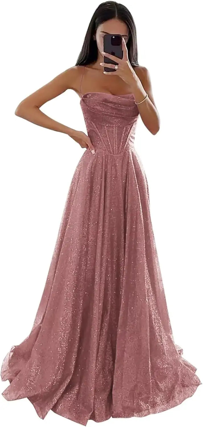 Spaghetti Straps Sleeveless Prom Dress for Women Long Shiny Tulle Formal Evening Party Gown with Slit Formal Dress Women Elegant