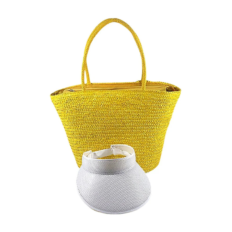 Yellow Beach Bag Kit and Visor Travel Straw Bag Large Fashion Tote