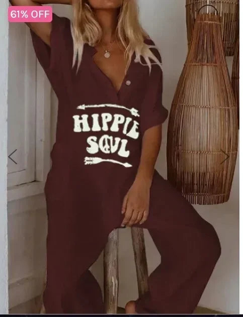 Autumn Romper for Women Jumpsuit Print Pocket Romper V Neck Cotton Linen Loose Wide Legs Casual Pants Streetwear Spring 2023
