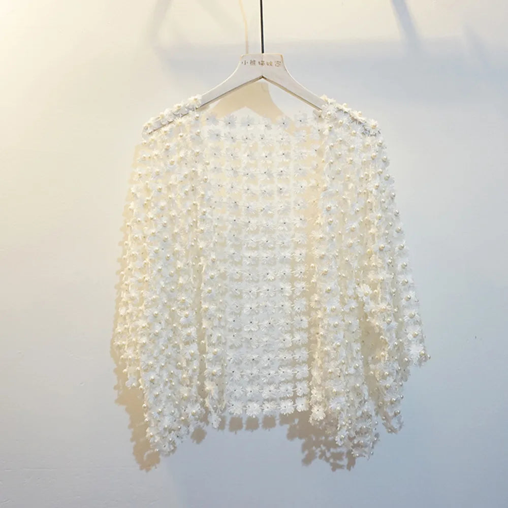 Women Beads Coat 2025 Summer Style Women Perspective Shawl Fashion Hollow Out Lace Boleros Short Sleeve Coats Jackets Femal