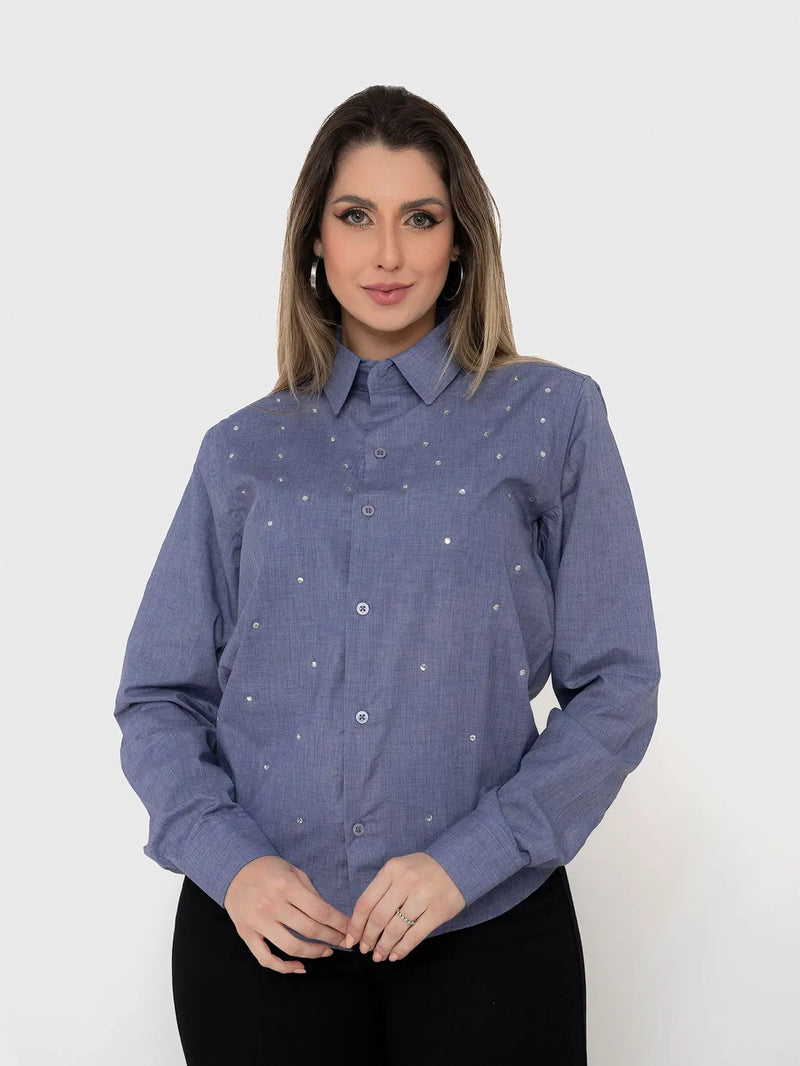 Women's KIT 2 Pieces-Cobalt Blue Linen Social Shirt with Rhinestone and Flare Jeans Black