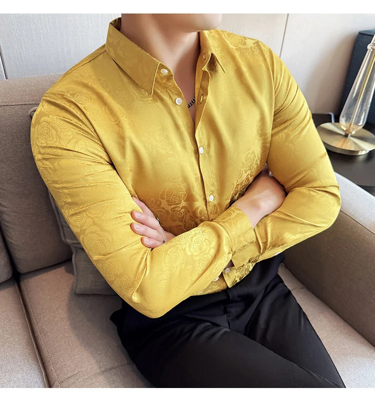 Men's Social Shirt New Rose Printed Long Sleeve Shirt Luxury Fashion Business Slim Fit Formal Shirt Men's Clothing 4XL-M