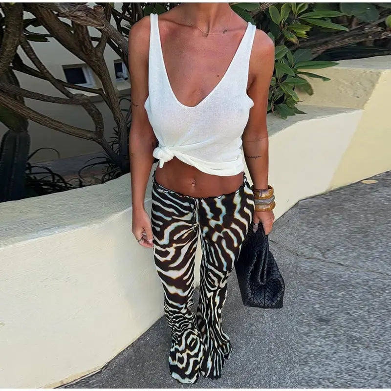 Women's Zebra Print Sheer Chiffon 2 Piece Set V-Neck Slip Tank Top Wide Leg Pants Casual Vacation Chic Outfits