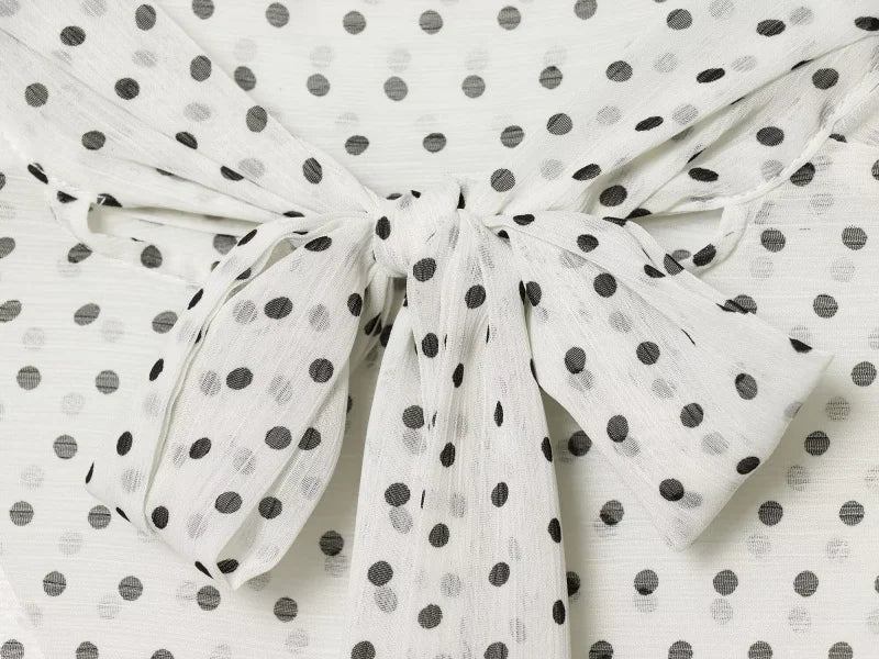 ETJ Women's Polka Dot Blouse Skirt Set 2026 Spring High Neck Batwing Sleeve Sheer Front Tie Bow Midi A-Line Dress Set