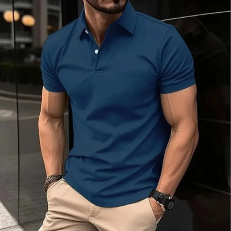 2024 New Men's Summer Casual Solid Color Button Short Sleeved T-shirt Polo Shirt With Purple Loose Collar Daily Versatile Shirt