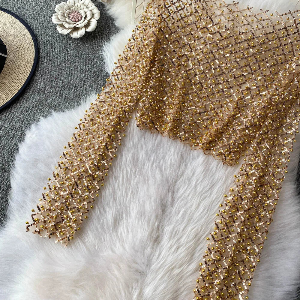 Slim Fit Short Sleeveless T-Shirt Women's New Style round Neck Long Sleeve Shiny Sequin Heavy Duty Bead Commute Style Korean ...