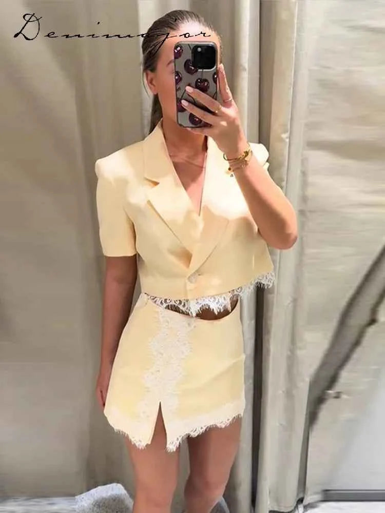 Fashion Lace Insert Two-Piece Suit Women Lapel Short Sleeve Cropped Blazer Mini Culottes 2026 Summer New Lady Office Party Wear