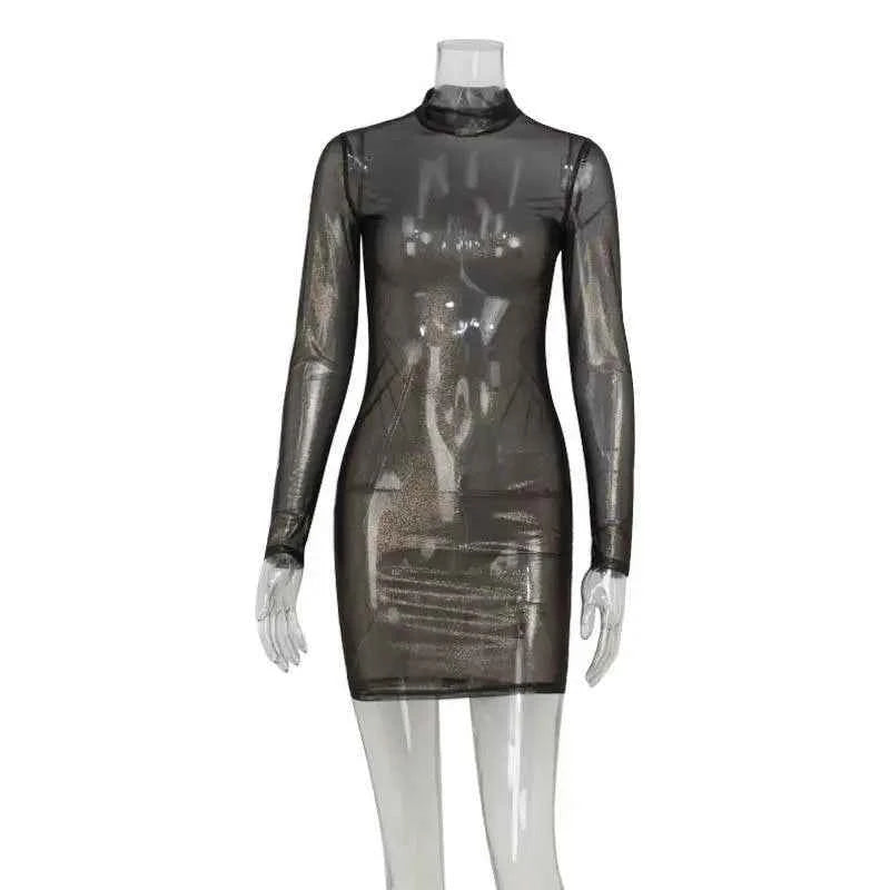 Mesh Dresses For Women Fashion Sexy Clubwear Long Sleeves Turtleneck Skinny See Through Hip Wrap Mini Vestidos Robes Female Fit