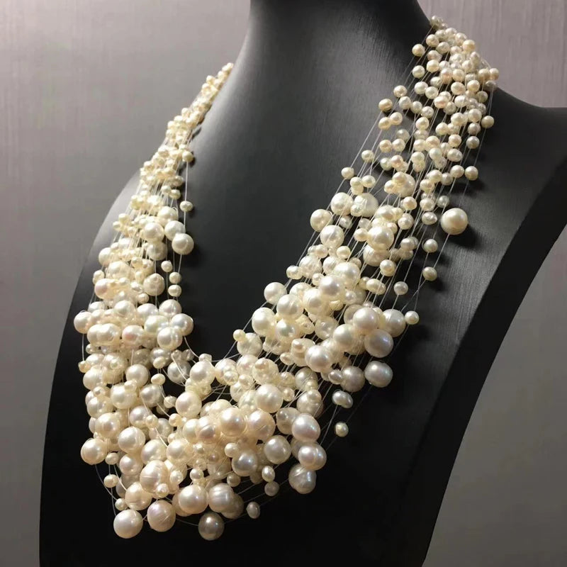 Colar de pérolas naturais de água doce com múltiplas camadas para mulheres, joias da moda, 30 camadas
