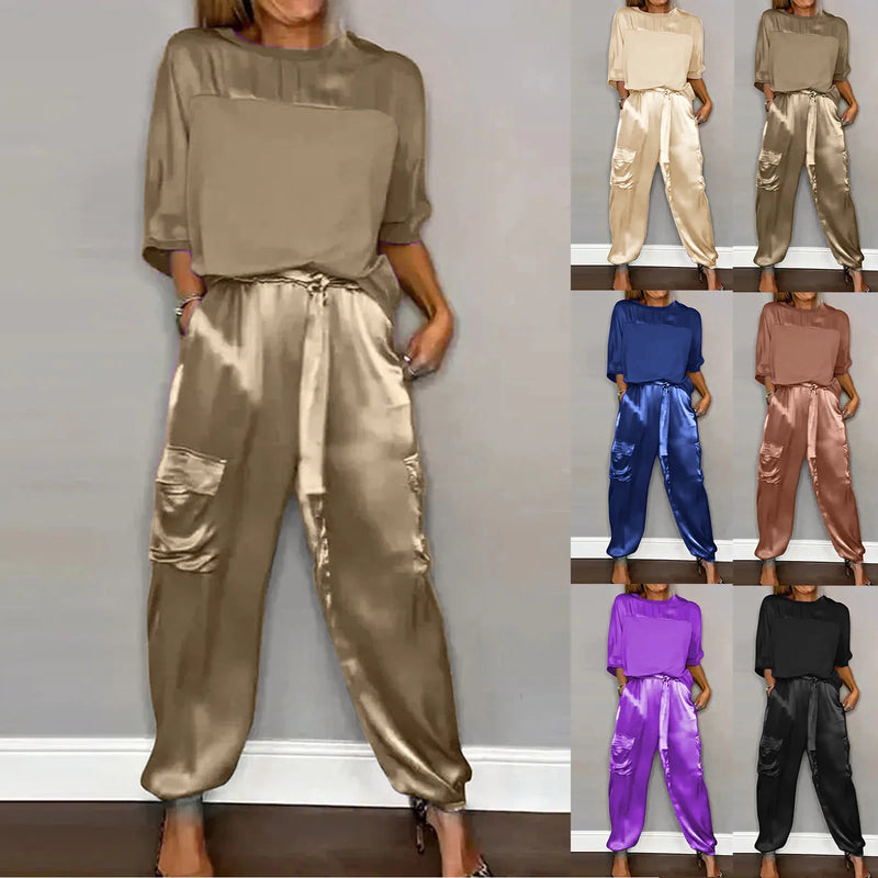 Women Smooth Satin Half Sleeve Top And Pants Set Women Casual Summer Satin Pajama Set solid color party Glossy Outfits - CRAVO ROSE