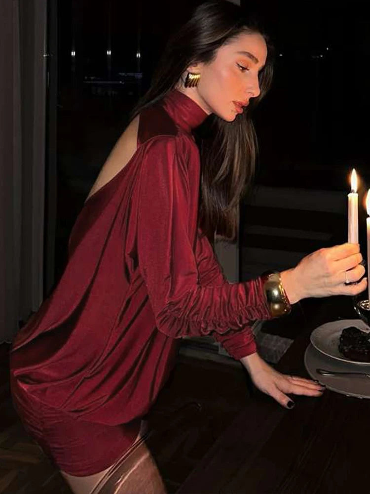 Nibber Backless Dress Women Full Sleeve Turtleneck Folds Solid Skinny Birthday Party Autumn Trend Elegant Chic Mini Bodycon
