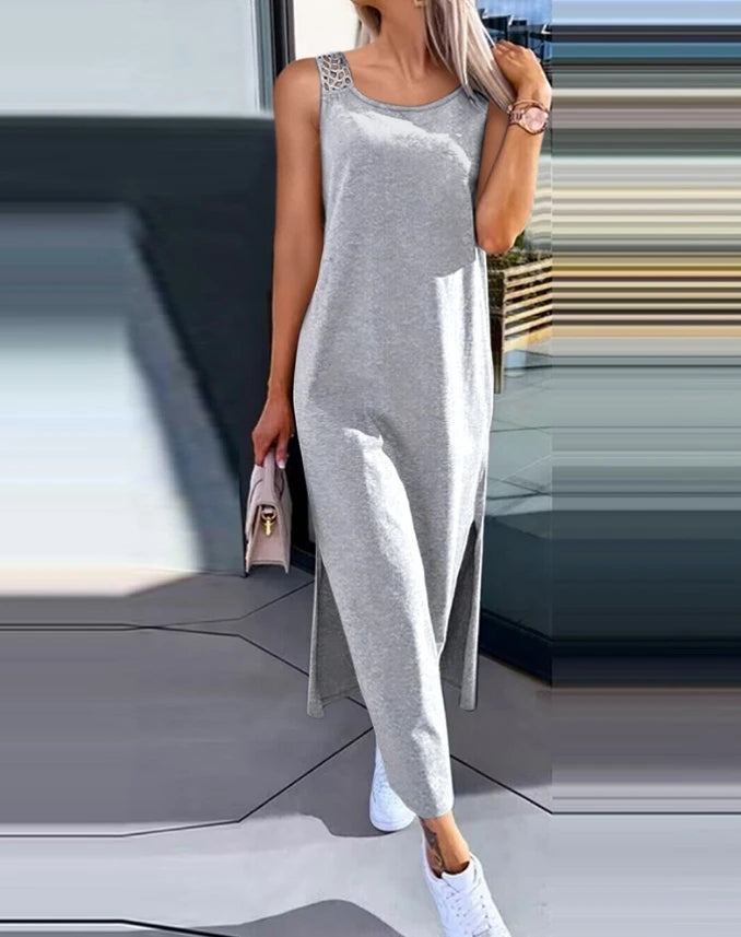 Womens Dresses 2024 Summer Fashion Slit Hollow-Out Casual Plain Round Neck Sleeveless Daily Straight Mid-Calf Dress