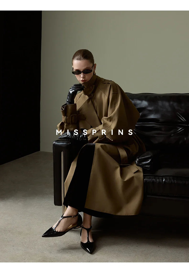 Lautaro Spring Autumn Long Khaki Trench Coat for Women Belt Double Breasted Chic Luxury Designer European Fashion Clothes 2025
