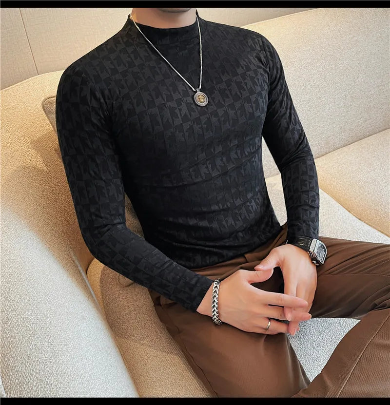 Camiseta elástica estampada de gola alta semi alta para homens, roupas de outono, nova, mangas compridas, jacquard, justa, cor sólida, camiseta slim fit