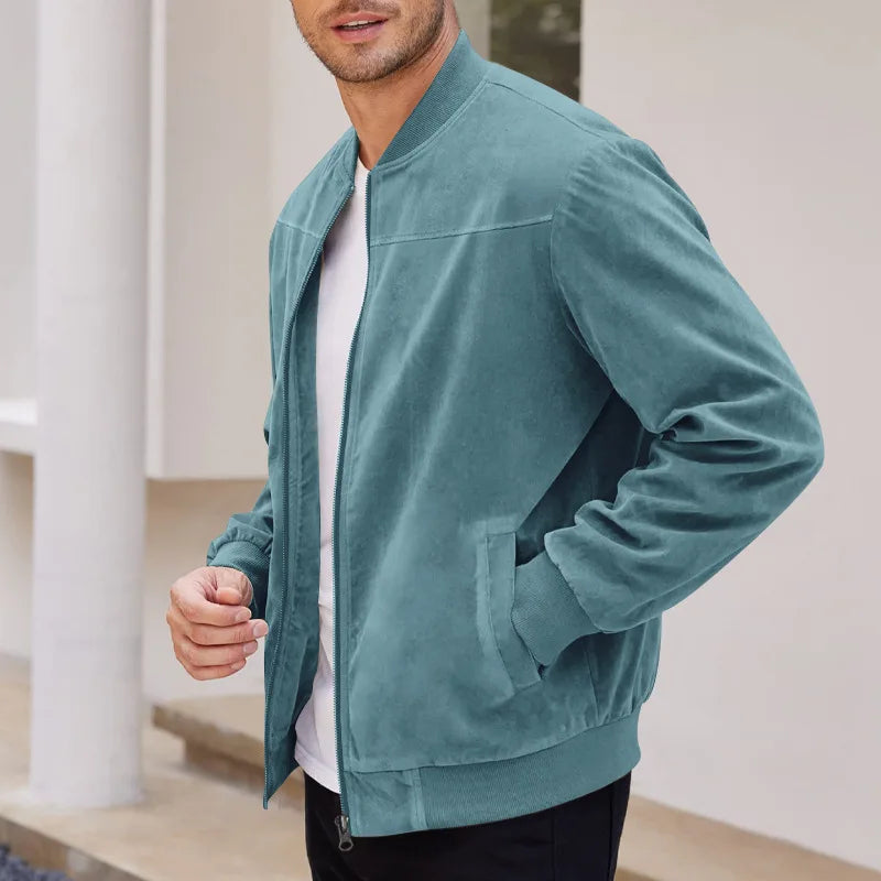 Men's Business Casual Suede Jacket Zipper Collar Warm Sporty Outerwear Polyester Fabric Long Sleeve round Hem Knitted Sleeve