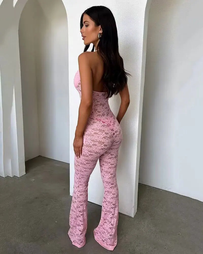 GACVGA Sexy Lace See Through Women Jumpsuit Backless Slim Streetwear Bandage Romper Lady Elegant Summer Party Nightclub Jumpsuit