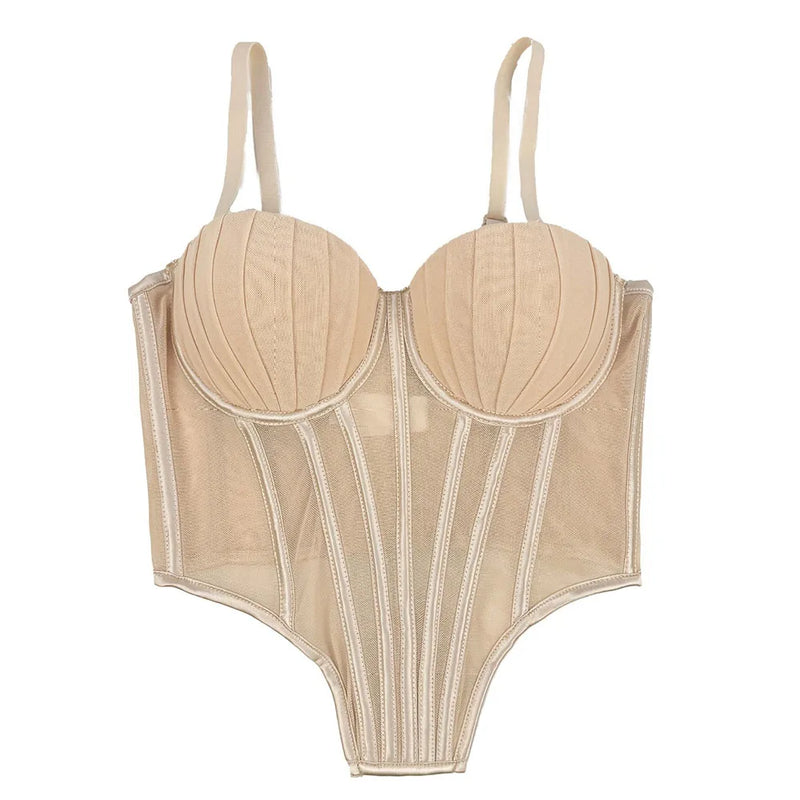 Corpete transparente de malha feminino, faixa espinha de peixe na cintura, corpete bustiê, tops sensuais
