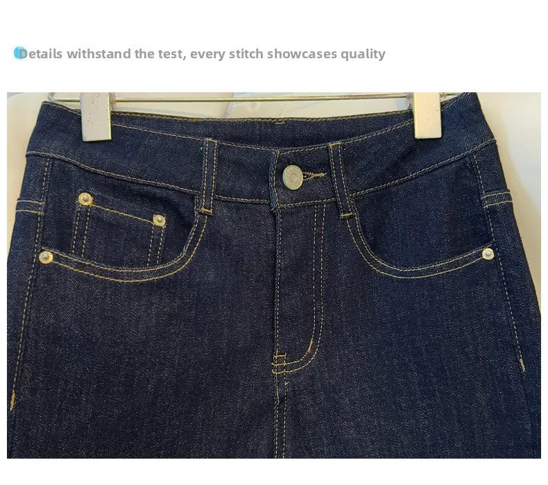 High-End Women's Straight Leg Jeans Loose Fit Spring Season Roll up Capri High Waist Denim Blue Flip  Thermal Regulation