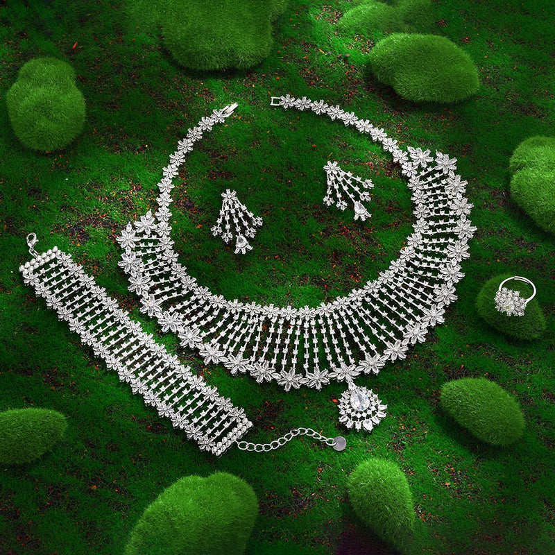 Conjunto de joias de casamento de zircônia cúbica, conjunto de 4 peças para noivas, conjunto de joias femininas, reprodução de marca de joias