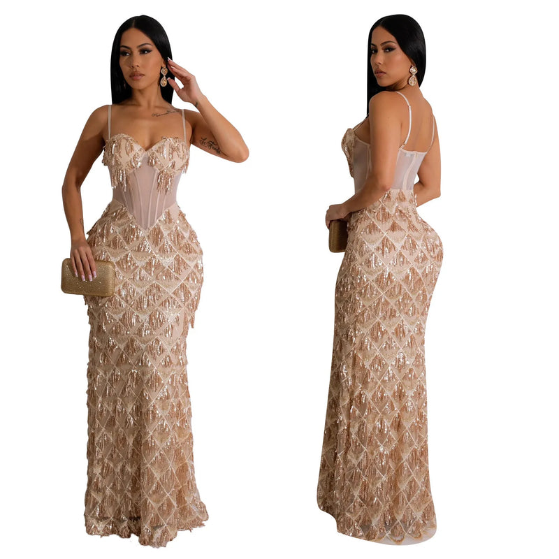 Women Sling Dress Floor Length Dresses Sequin Mesh Party Slim Bodycon Sheath Mesh Drilling Elegant Gown Sexy Vestidos 2024