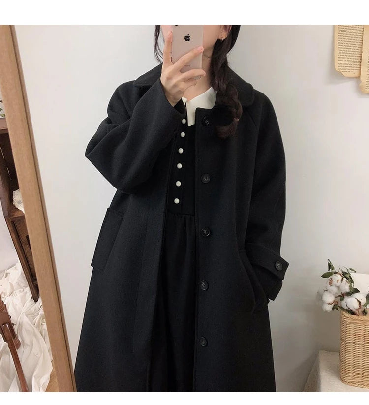 Autumn Winter Korean Style Loose Woolen Coat 2025 Slimming Knee-Length Tweed Women's Mid-Length Elegant Outerwear