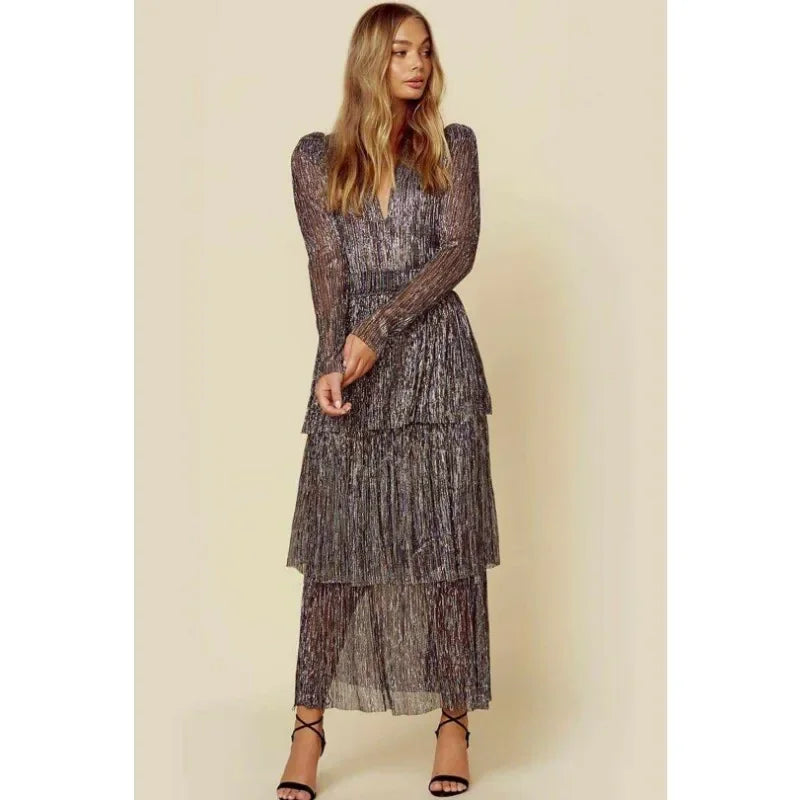 Vestido Feminino Plissado Costura Cintura Alta Vestido Feminino Manga Bufante Decote Em V Irregular Festa À Noite Vestido Elegante