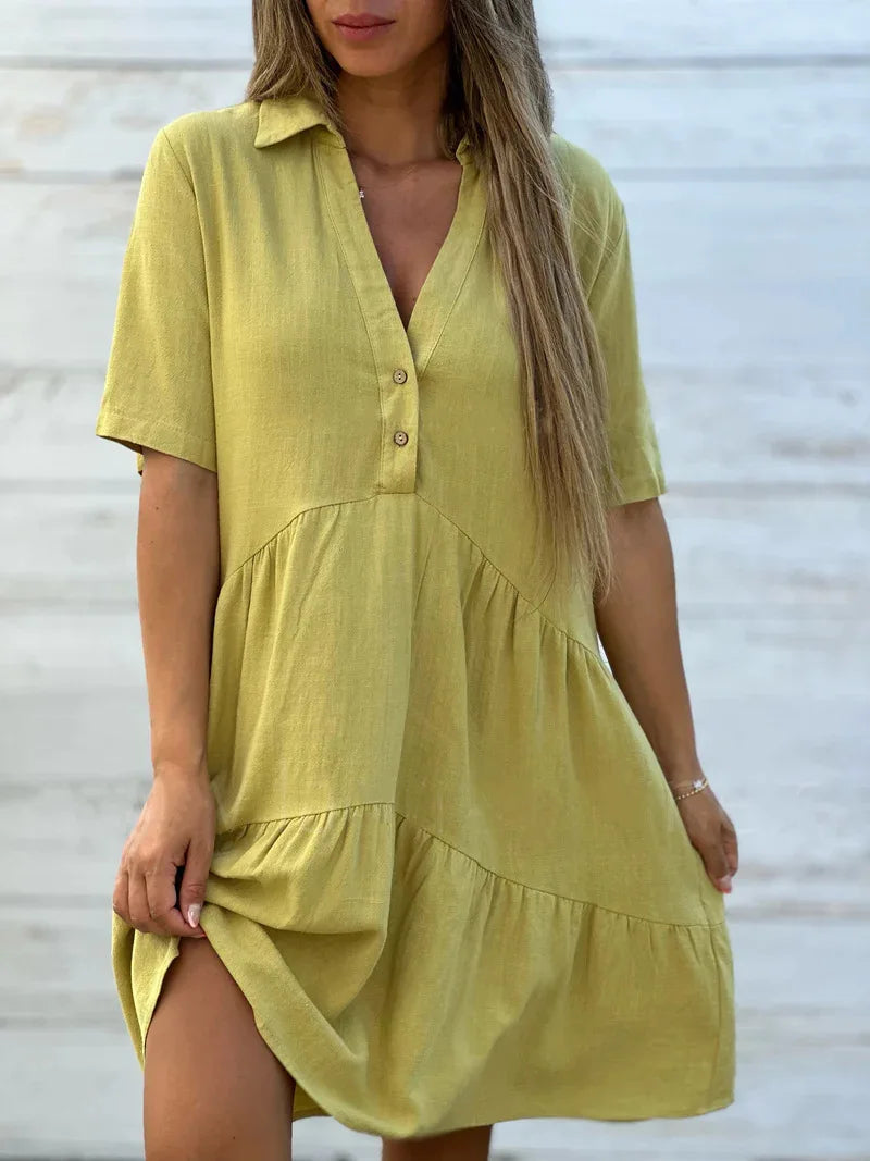 Vestido casual com lapela e babados, linha A, para férias na praia, solto, liso, de algodão e linho, manga curta