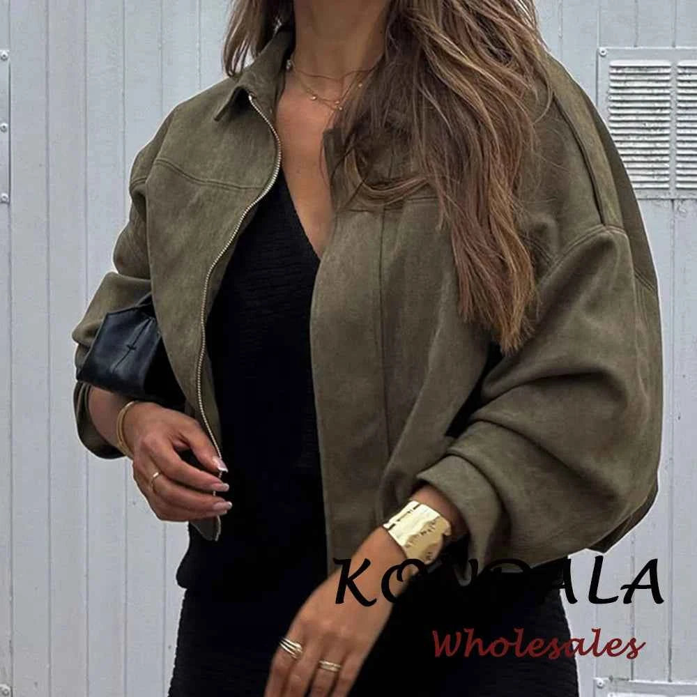 KONDALA Vintage Cool Green Streetwear Women Jacket Fashion 2026 Spring Zipper Folds High Street Chic Modern Female Short Outwear