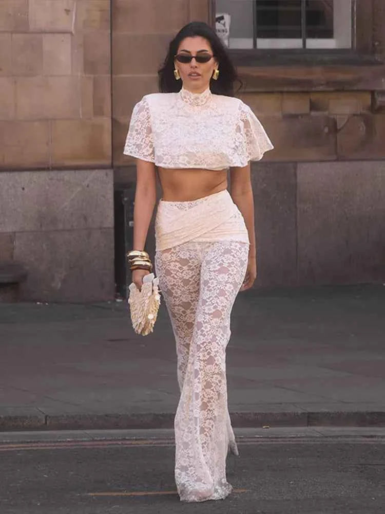 Women Floral Sheer Top Lace Two Piece Set High Neck Cape Sleeve Cropped High Waist Pants See-Through Flared Trousers Summer Wear