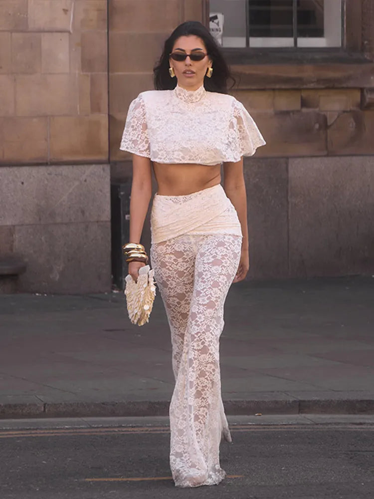 Women Floral Sheer Top Lace Two Piece Set High Neck Cape Sleeve Cropped High Waist Pants See-Through Flared Trousers Summer Wear