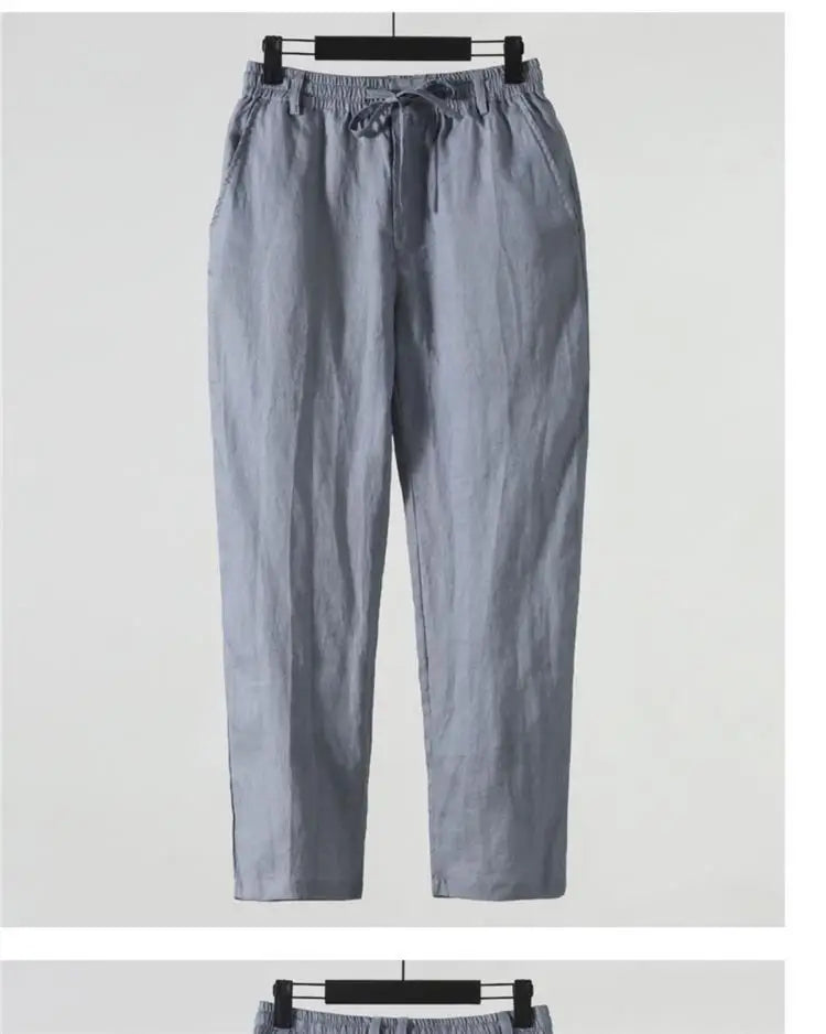 Solid Color Linen Pants Men's Loose Cotton Linen Casual 9 Points Pants Spring Summer Home Straight Soft Comfortable Trousers