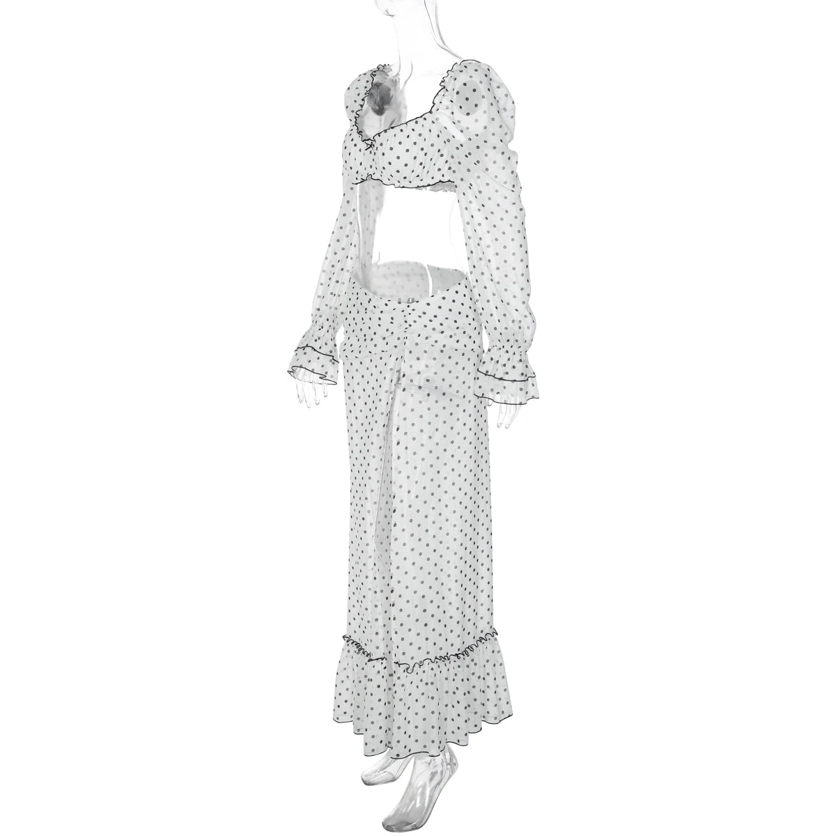 Hugcitar Polka Dot Print 2 Pieces Sets Long Sleeve Bow Sexy Crop Top Slit Maxi Skirt See Through Fashion Outfit Beach Vacation