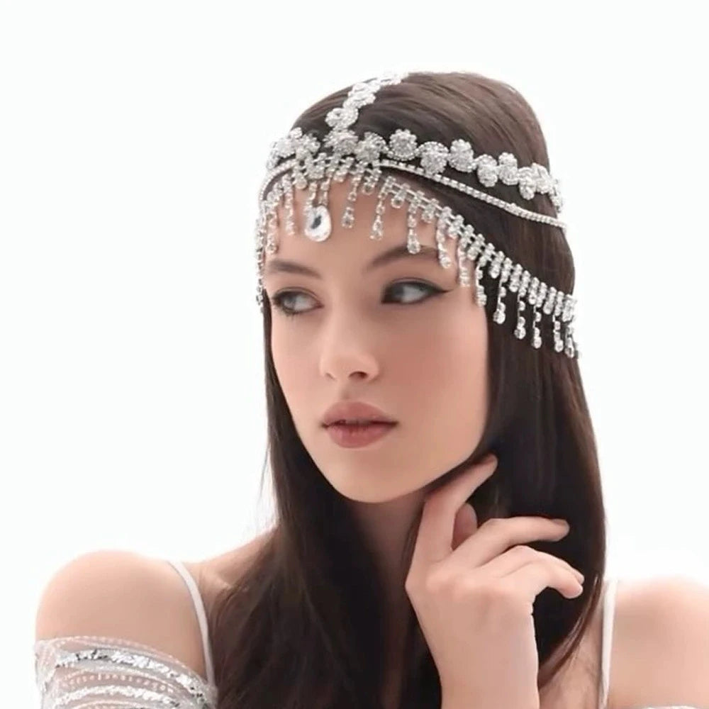 Indian Multilayer Tassel Headband Tiara Bridal Hair Accessories Elegant Headwear Queen Rhinestone Head Chain Hat Party for Women