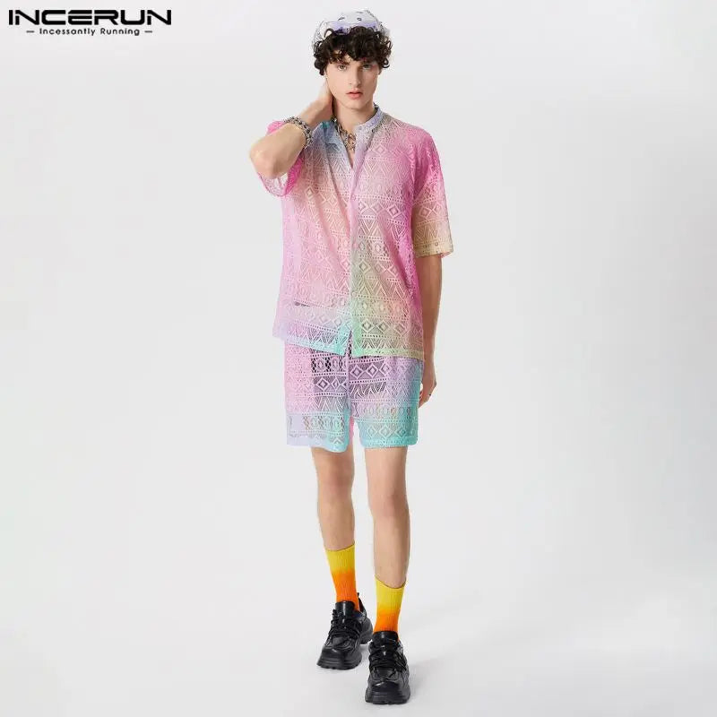 Conjuntos masculinos  de renda transparente com tie-dye, lapela degradê, camisa de manga curta e shorts, 2 peças,  urbana, ternos