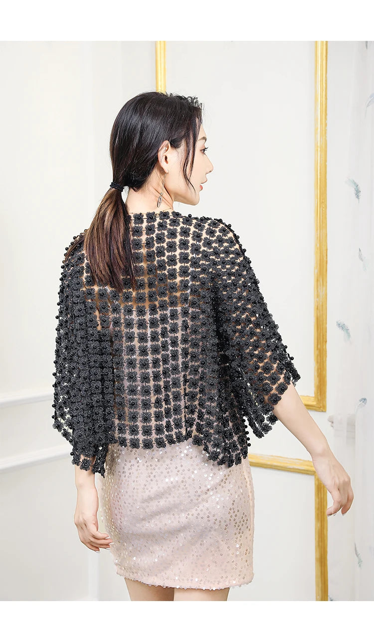 Women Beads Coat 2025 Summer Style Women Perspective Shawl Fashion Hollow Out Lace Boleros Short Sleeve Coats Jackets Femal