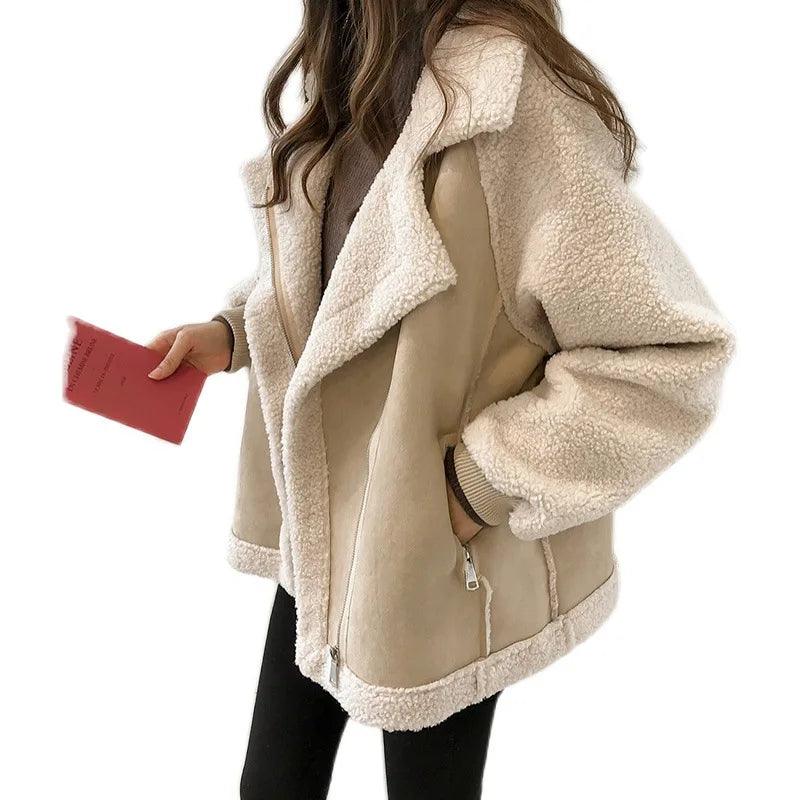 Jacket Women Bomber Coat Thickened Casual Loose Outerwear Clothing Pocket Lamb Hair Overcoat Autumn Winter Topcoat Plus Size - CRAVO ROSE