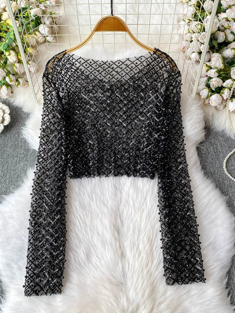 Slim Fit Short Sleeveless T-Shirt Women's New Style round Neck Long Sleeve Shiny Sequin Heavy Duty Bead Commute Style Korean ...