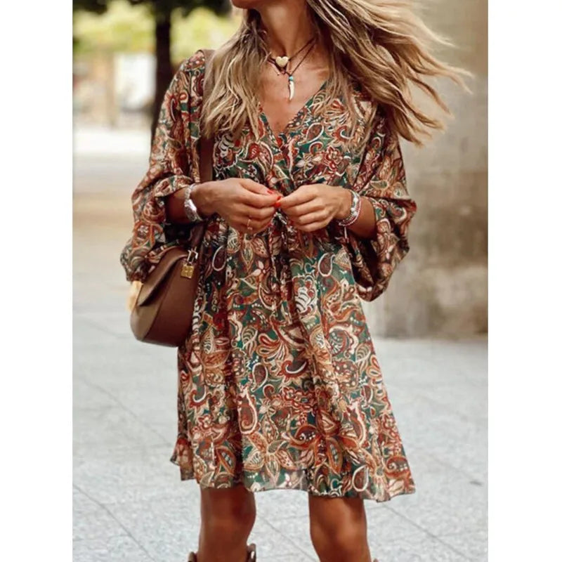 Vestido feminino com estampa floral, vintage, para trabalho, decote em V, elegante, plissado, paisley, manga bufante, babados, vestido casual