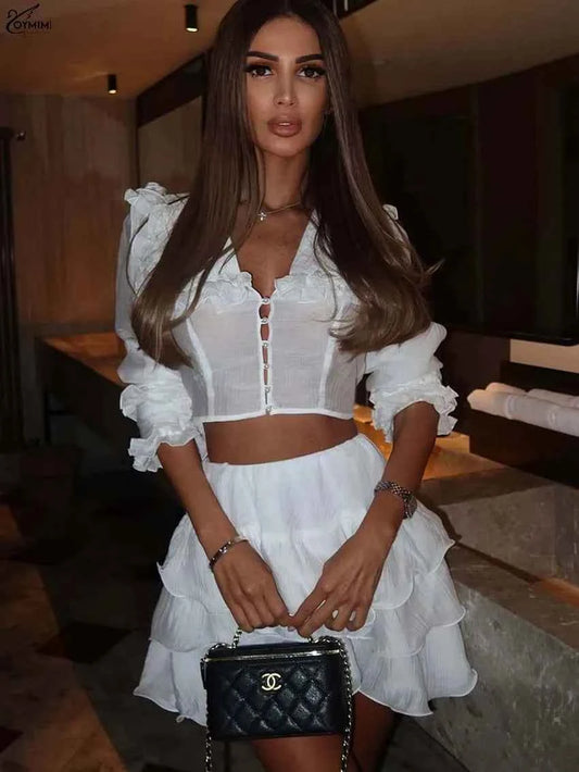 Oymimi Fashion White 2 Pieces Set For Woman Summer Peter Pan Collar Half Sleeve Button Crop Shirts And Pleated Mini Skirts Sets
