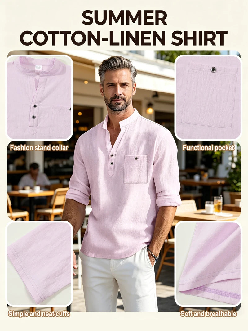 Men's Lightweight Shirts Long Sleeve Henley Cotton Linen Shirts for Male Beach Hawaiian V-neck Top Breathable Polo Shirts top