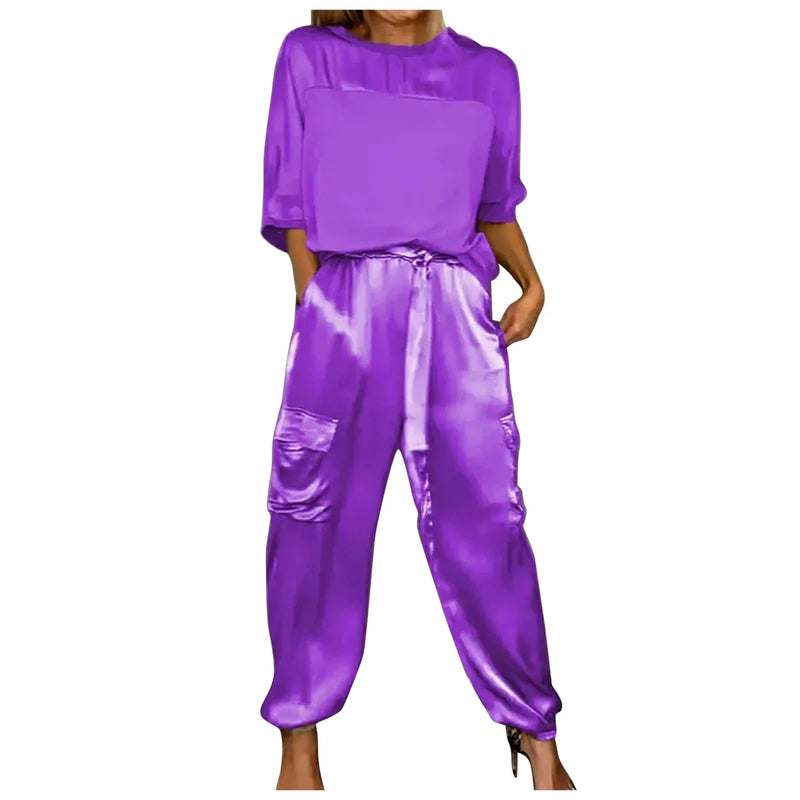 Women Smooth Satin Half Sleeve Top And Pants Set Women Casual Summer Satin Pajama Set solid color party Glossy Outfits - CRAVO ROSE