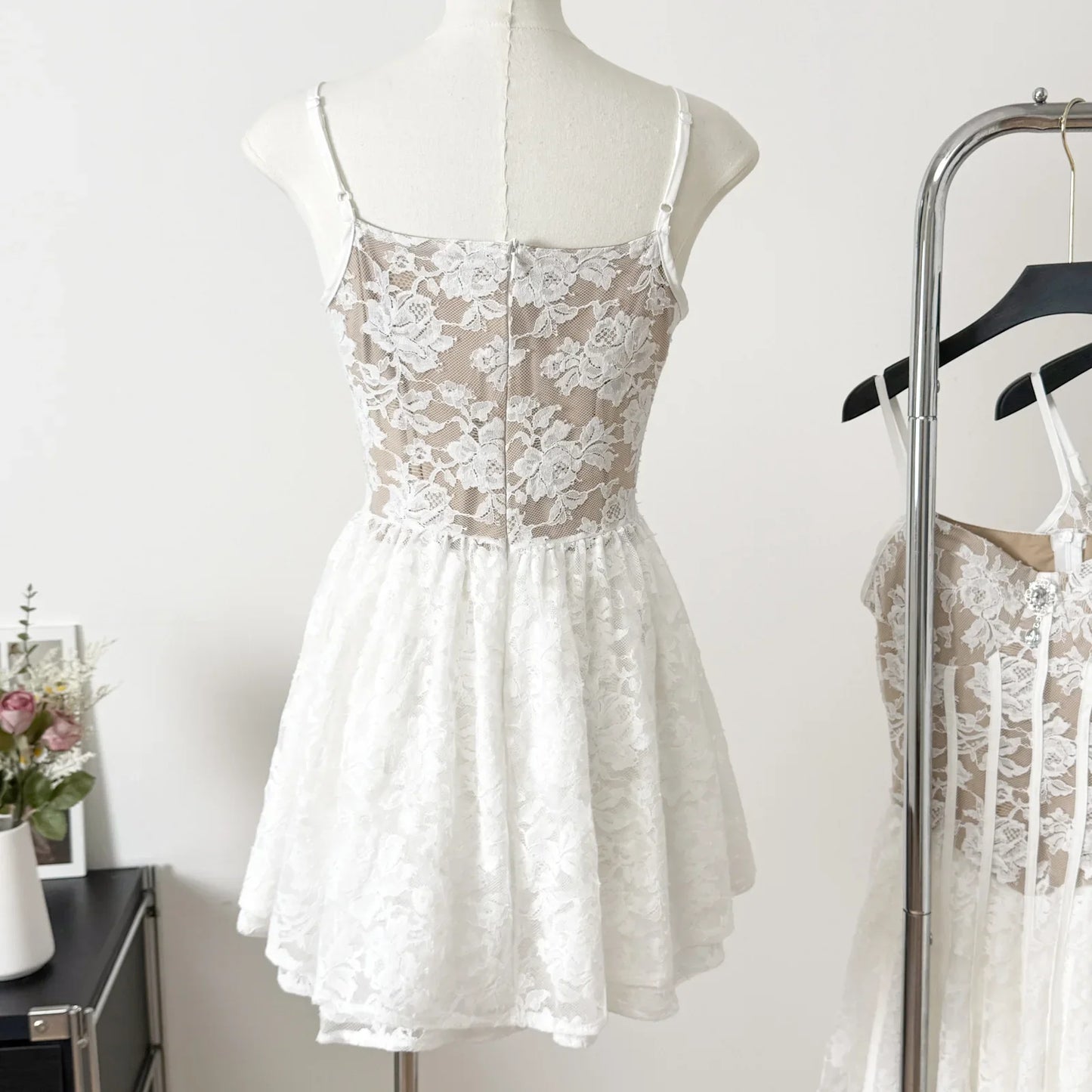 Spring Summer Vietnamese Design Mini Dress Lace Hollow out Puff Sleeve Square Collar Waist Cinched Pleated Low Waist Line