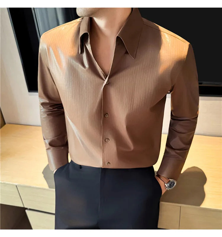2026 Spring Fashion Big Collar Design Long Sleeved Shirt High Quality Men's Business Slim Fit Social Tuxedo Cotton Shirts