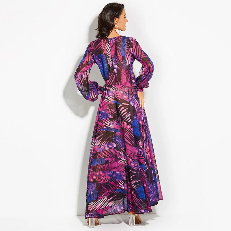 Women's 2024 Autumn New Lantern Sleeves Sexy Deep V Fashion Printed Dress Green Leaf Strap Waist Ankle Long Dress
