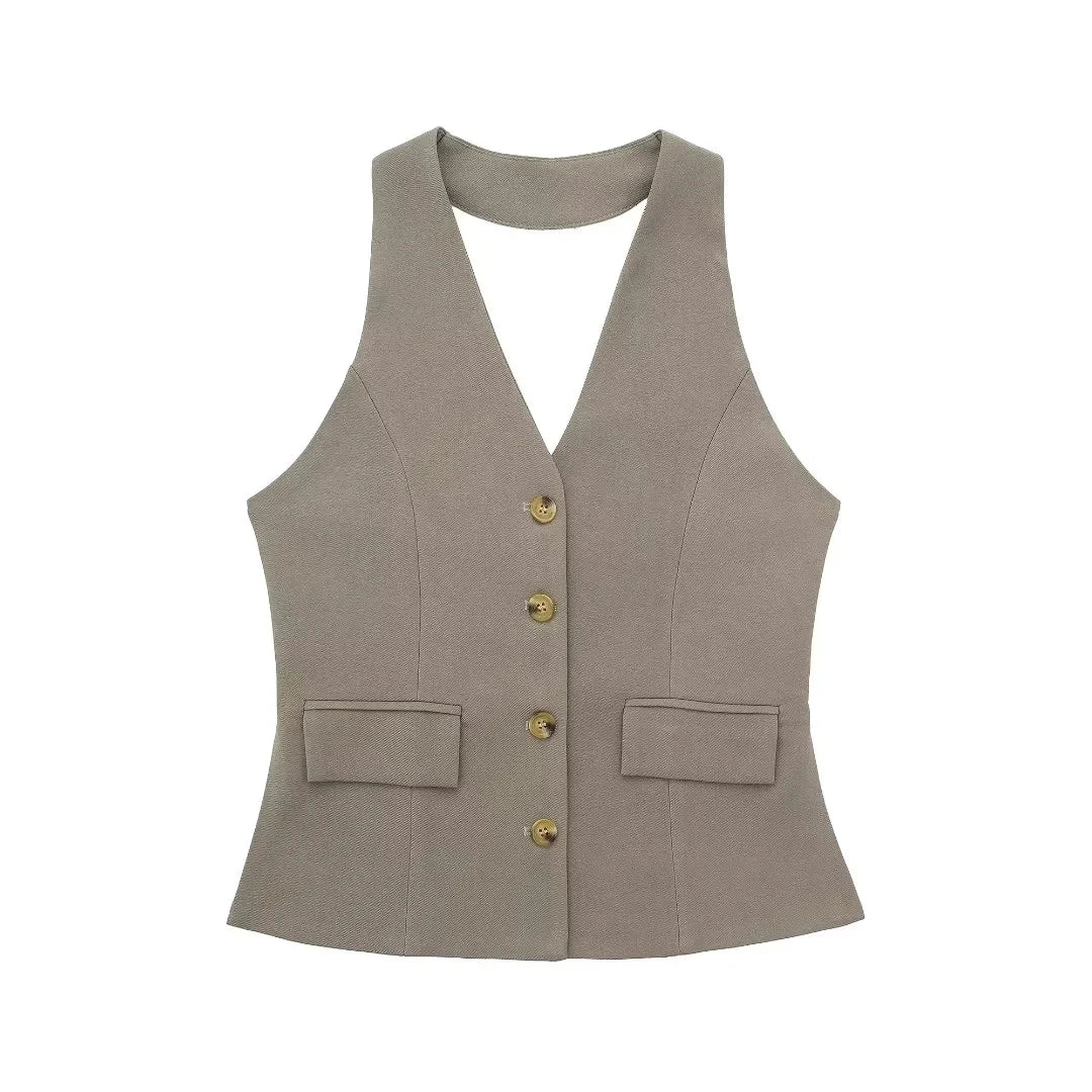HH Pant Sets For Women Fashion Yellow Backless Button Halter Crop Vest Top Straight Trousers Elegant Office Lady Suit
