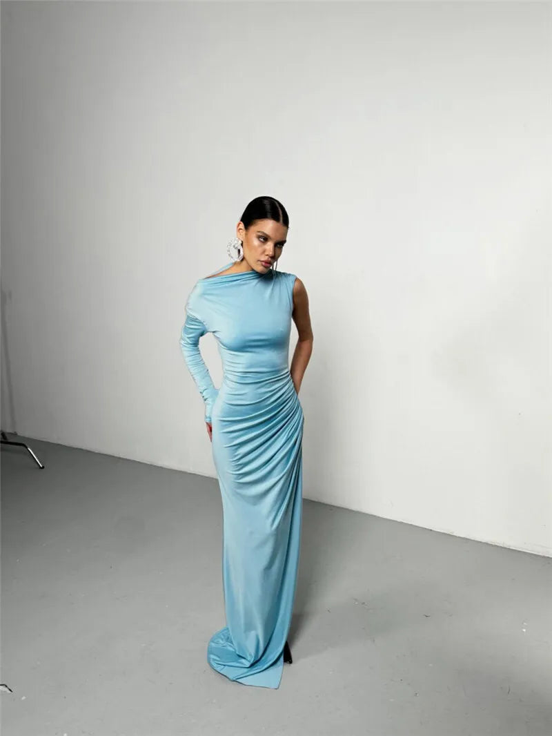 Mozision Skew Collar One Sleeve Sexy Maxi Dress For Women Gown Fashion Solid Thigh High Split Ruched Bodycon Club Long Dress