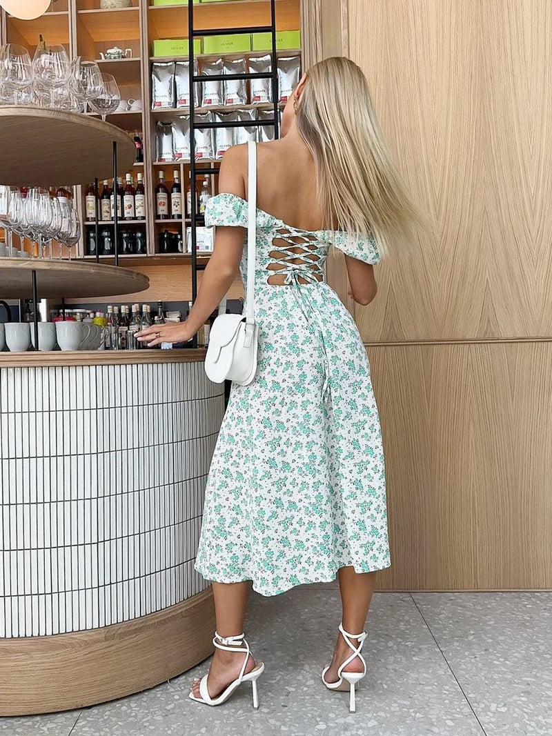 Vestido floral Wolfeel com ombros de fora, elegante, longo, slim fit, estampado, sexy